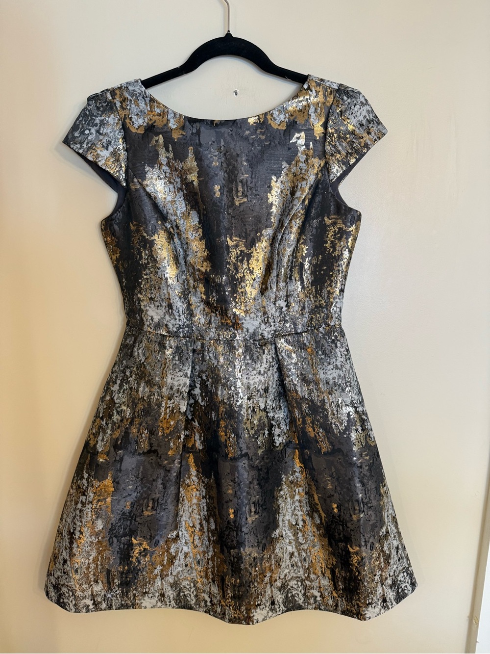Vince Camuto Black and Gold Abstract Fit-and-Flare Mini Dress